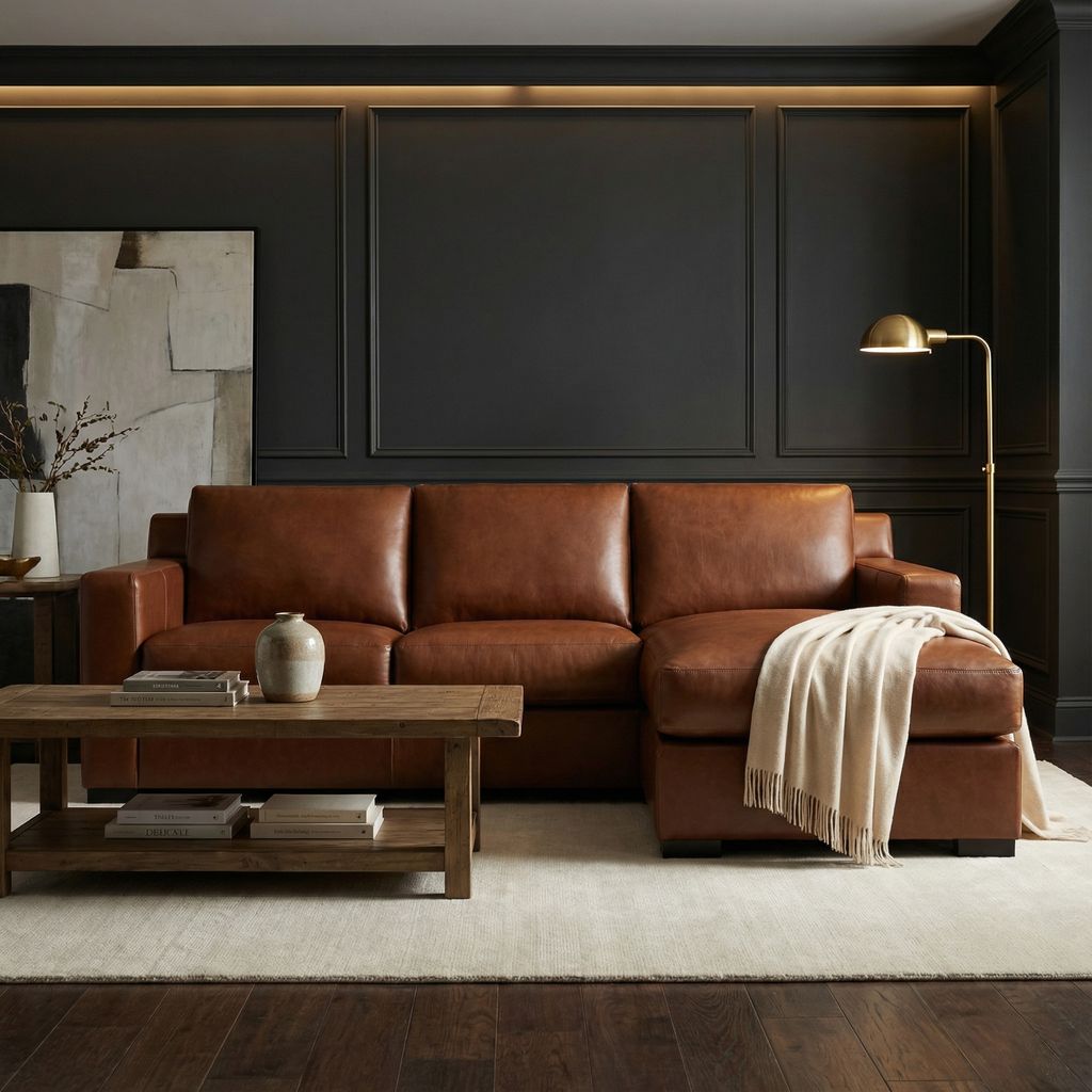 Mason 89" 3 Cushion Top Grain Leather Sofa + Reversible Ottoman Chaise - Soleil Ember