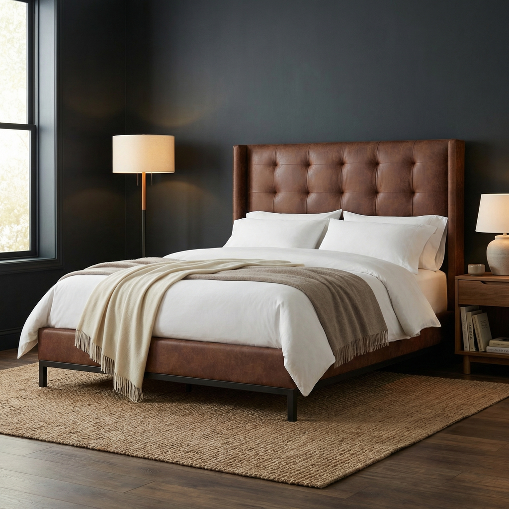 Newton 81" Tufted Leather Queen Bed - Vintage Tobacco