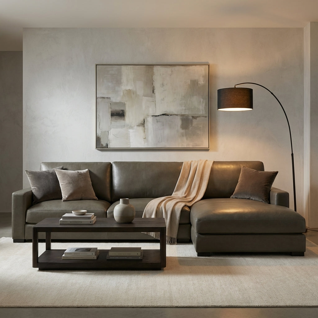 Norton 130" Top Grain Leather 2 Cushion Sofa + Chaise- Amadeus Fog