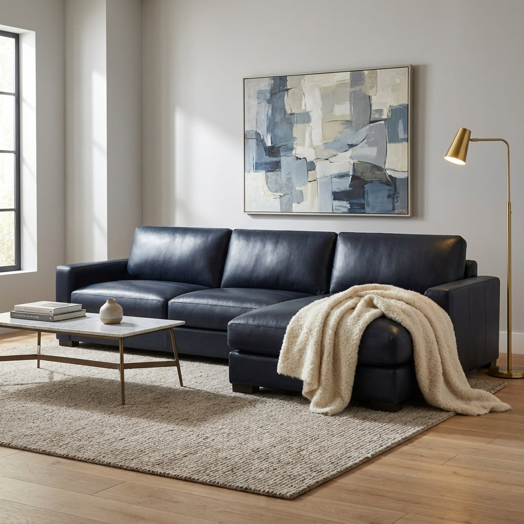 Norton 130" Top Grain Leather 2 Cushion Sofa + Chaise- Amadeus Sapphire