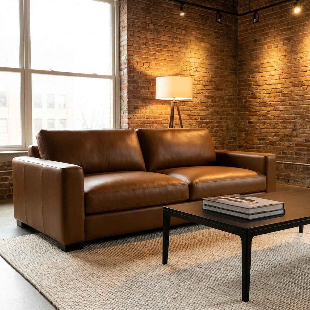 Norton 90" Top Grain Leather Cushion Sofa Amadeus Whiskey