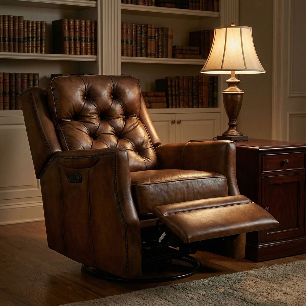 Oxford 37" Top Grain Tufted Leather Power Motion Recliner Swivel Glider - Old English Antique