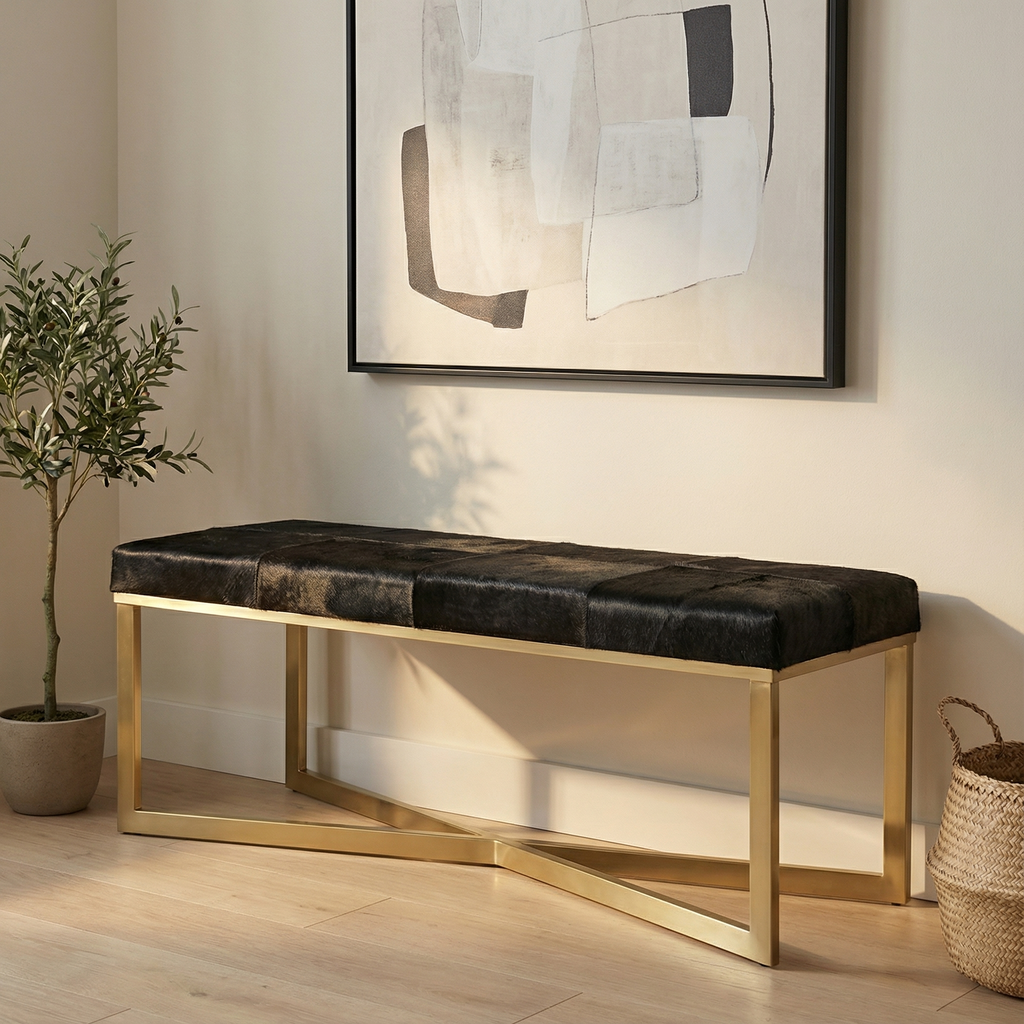 Palm Springs 60" Top Grain Cowhide Bench - Ebony + Brass