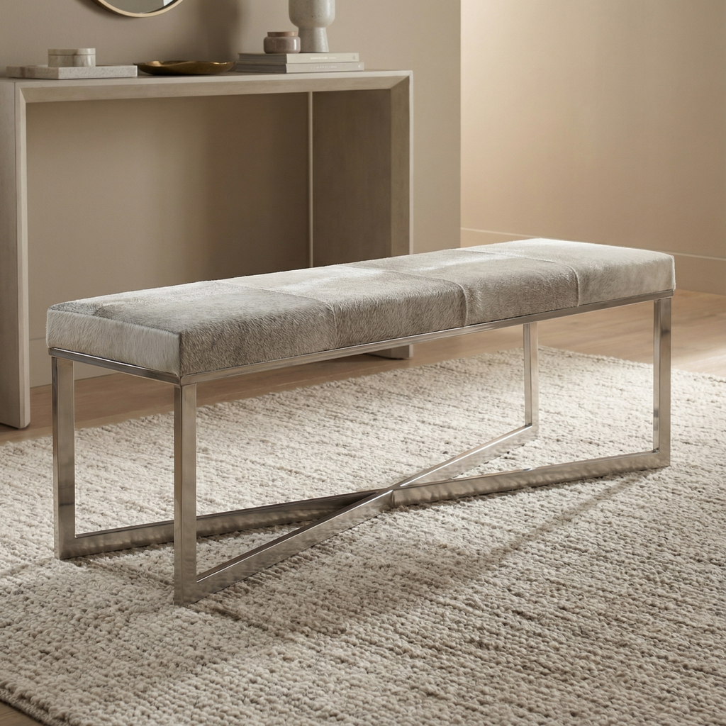 Palm Springs 60" Top Grain Cowhide Bench - Frost + Chrome