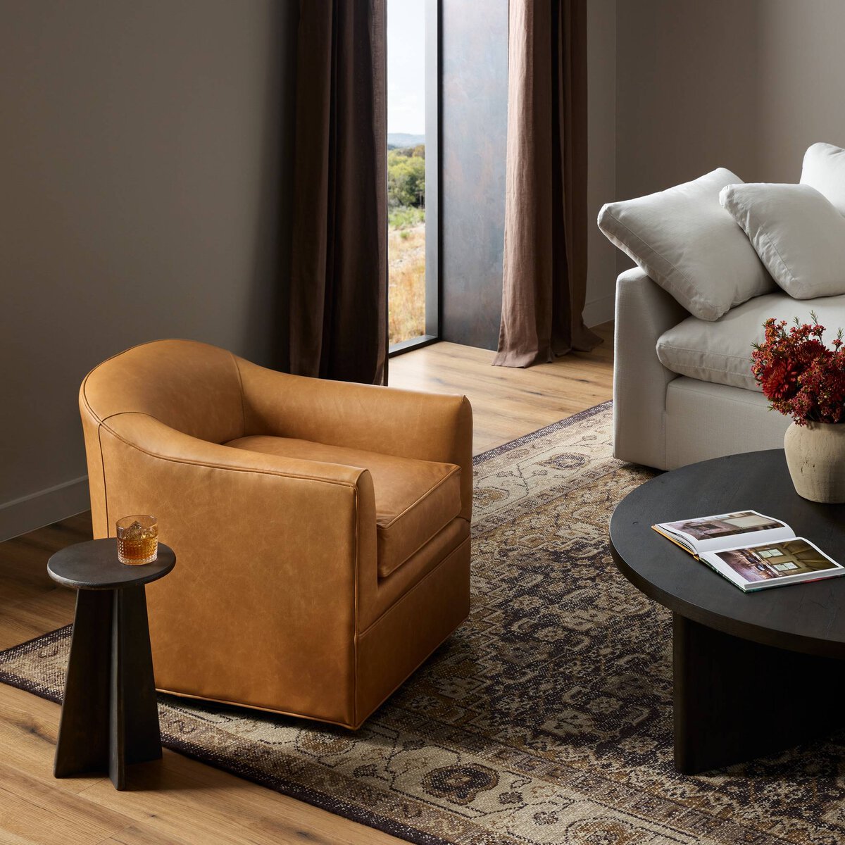 Quentin 27" Top Grain Leather Swivel Chair - Camel