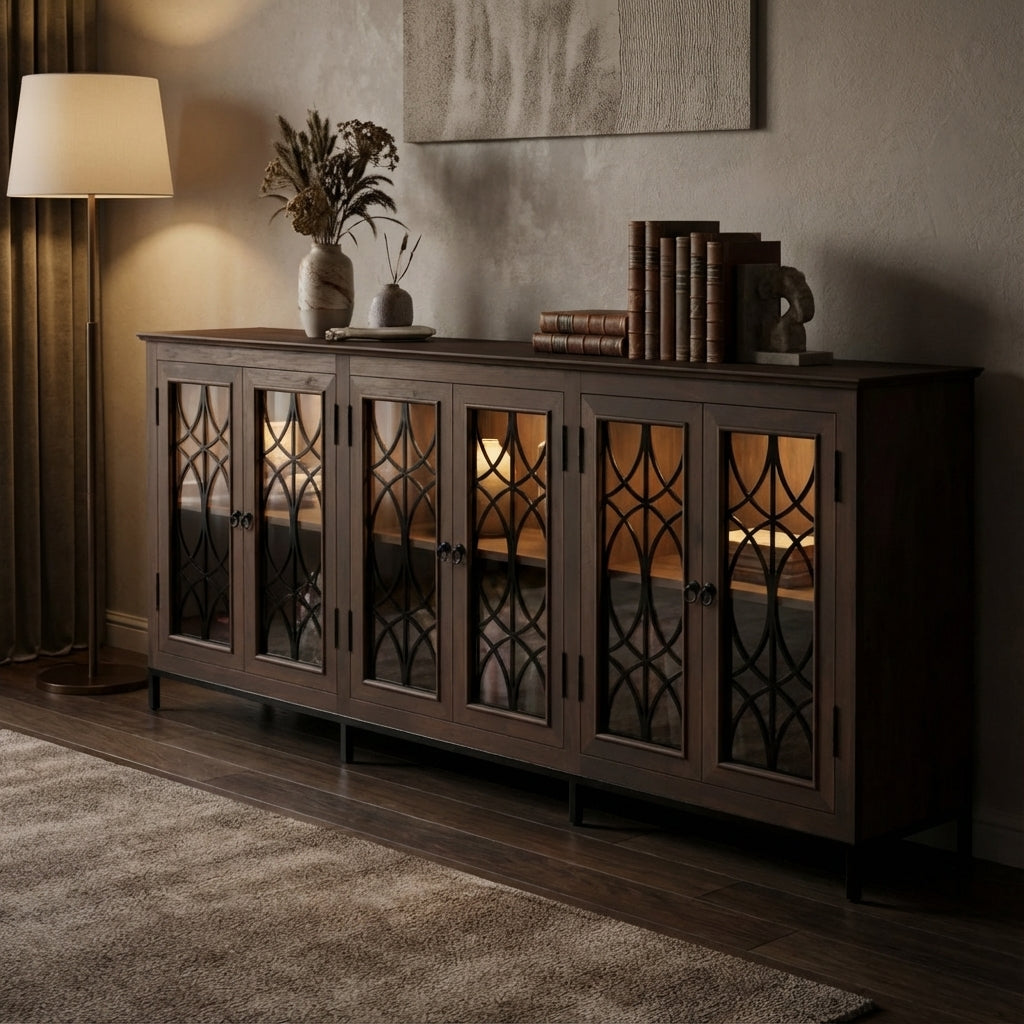 Randolph 100" 6 Door Glass Front Sideboard - Natural + Black