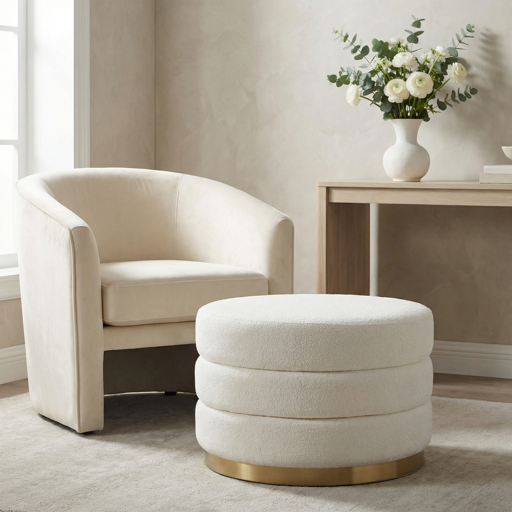 Rhona 24" Round Ottoman - Cream Boucle