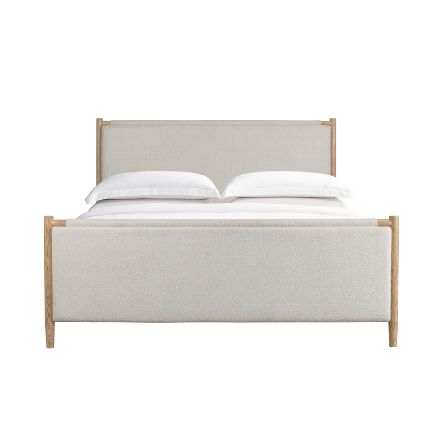 Freda 65" Upholstered Queen Bed - Soft Pebble + Raw Oak