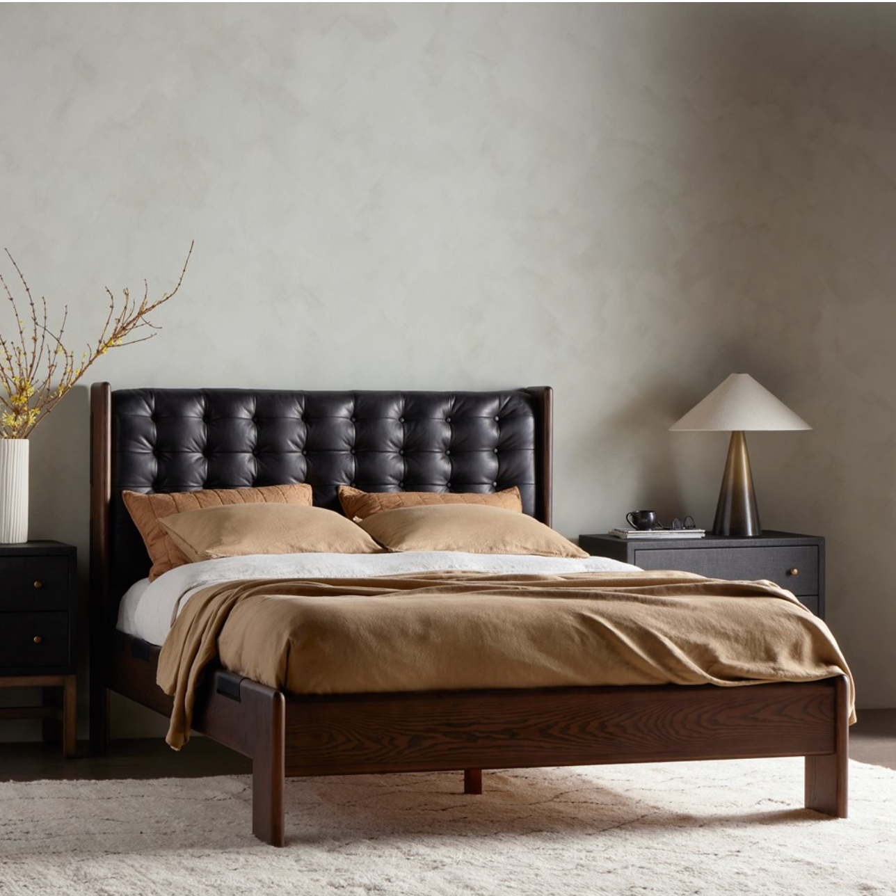 Maren 80" King Bed - Ash + Black Leather