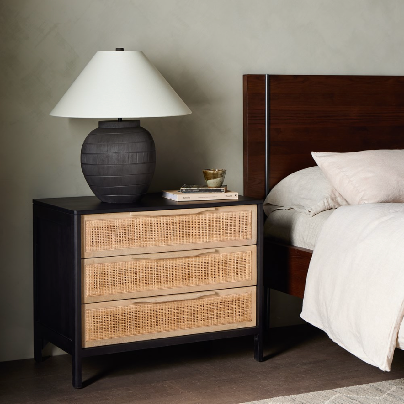 Conway 32" 3 Drawer Nightstand - Black Wash + Cane Classic Carolina Home Conway 32" 3 Drawer Nightstand - Black Wash + Cane Classic Carolina Home