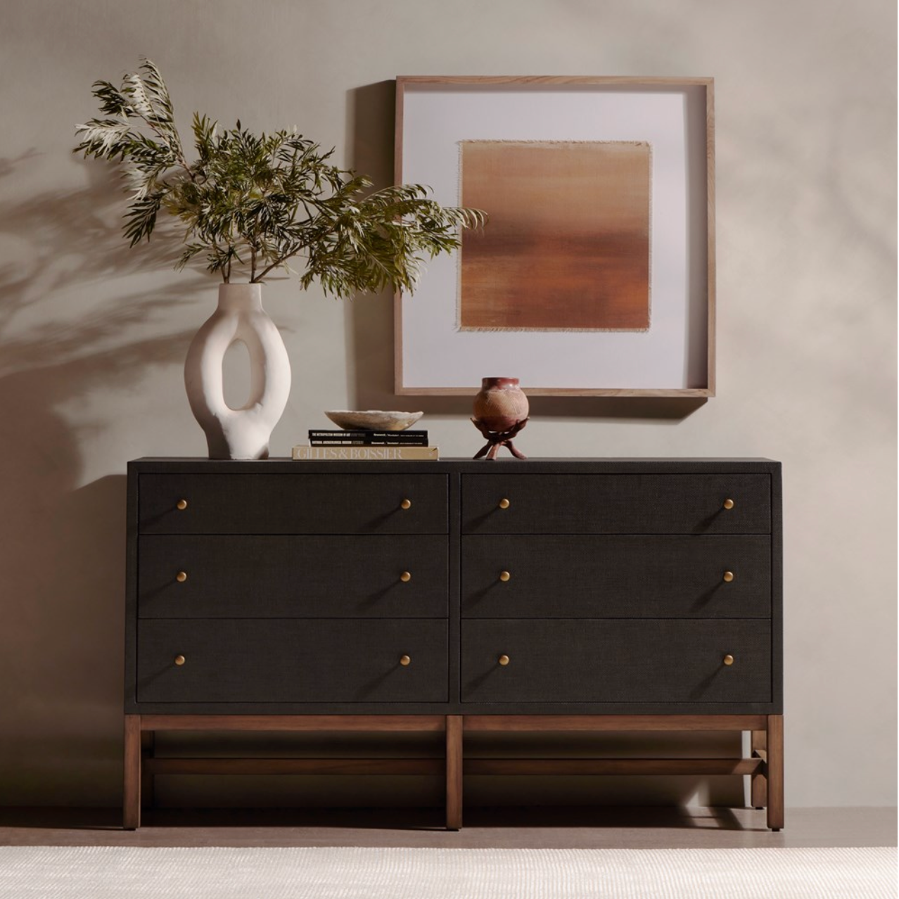 Bari 62" 6 Drawer Dresser - Woven Black + Mahogany