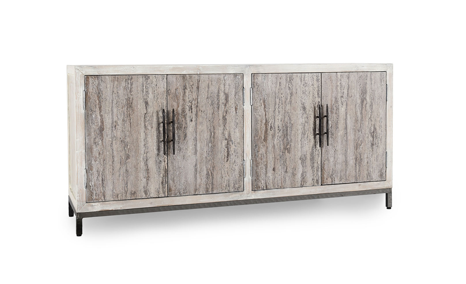 Drake 76" Reclaimed Pine + Travertine 4 Door Sideboard - Distressed White
