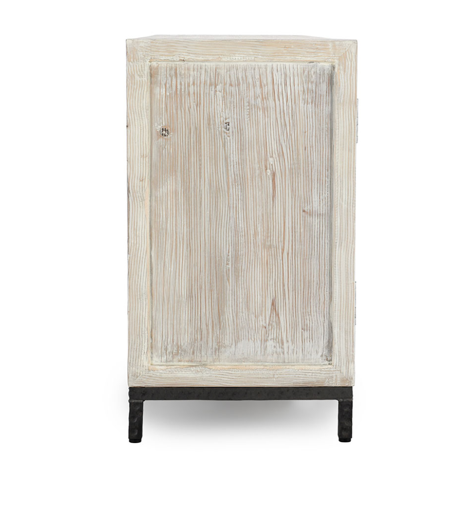 Drake 76" Reclaimed Pine + Travertine 4 Door Sideboard - Distressed White