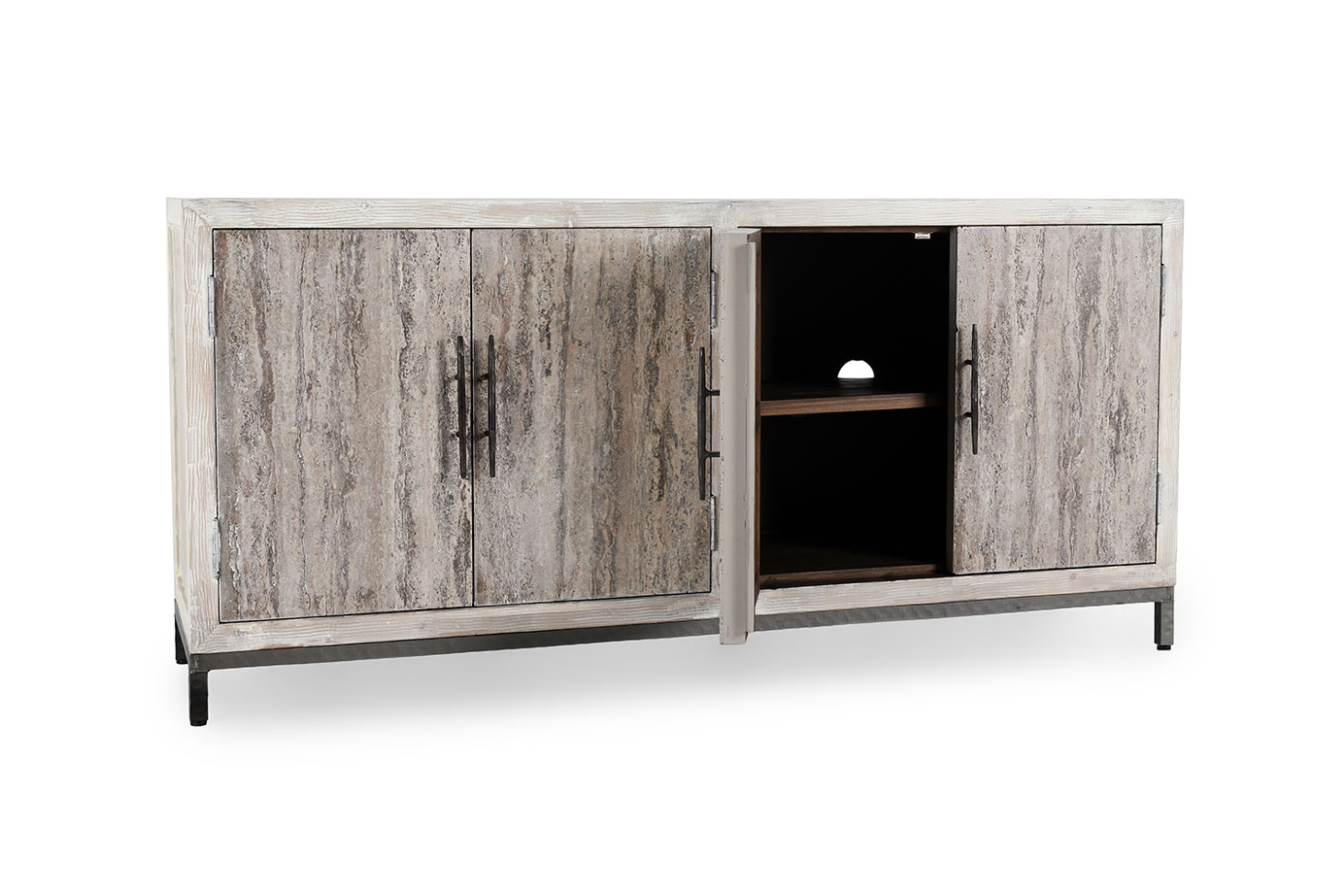 Drake 76" Reclaimed Pine + Travertine 4 Door Sideboard - Distressed White
