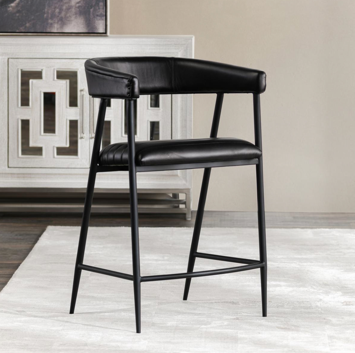 Addams 22" Top Grain Leather Counter Stool - Ebony + Iron