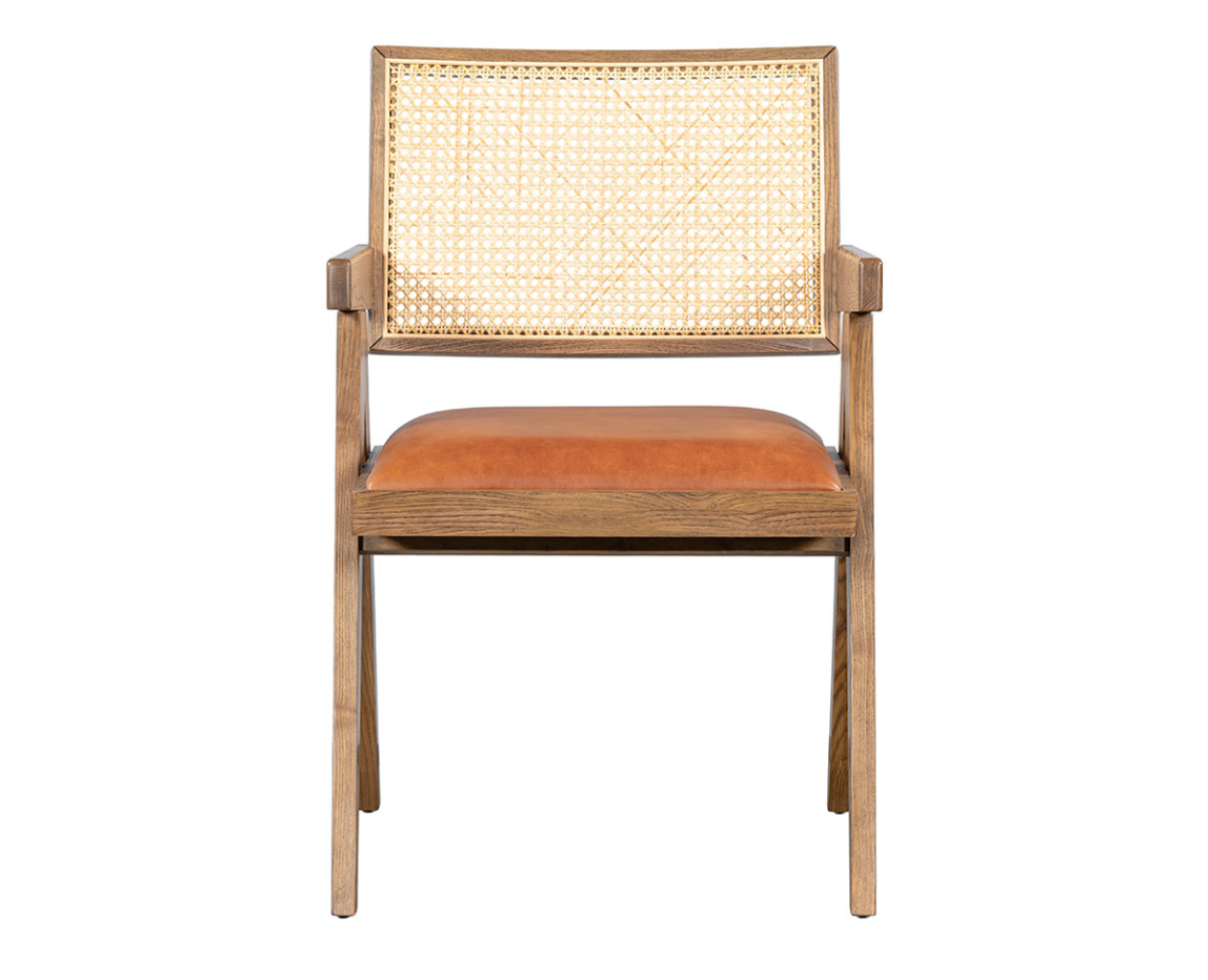 Mateo Cane + Leather Dining Chair - Ash + Tobacco