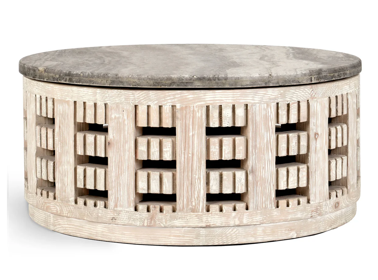Denali 40" Round Coffee Table - Travertine + Reclaimed Pine