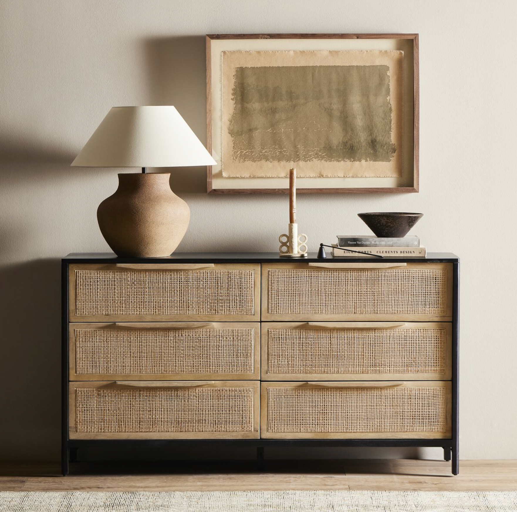 Marcelo 58" 6 Drawer Dresser - Black + Cane Marcelo 58" 6 Drawer Dresser - Black + Cane