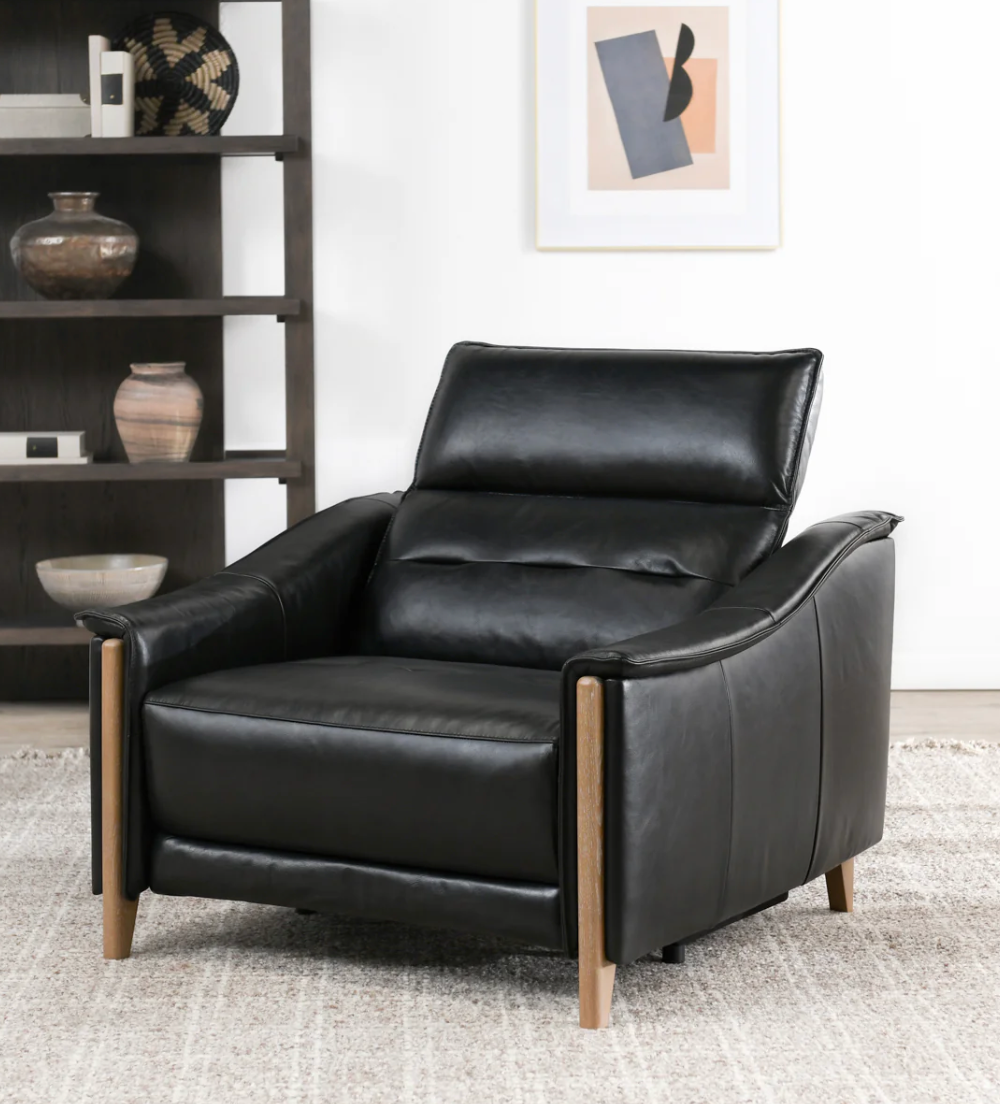 Culver 41" Top Grain Power Motion Leather Recliner - Black + Ash