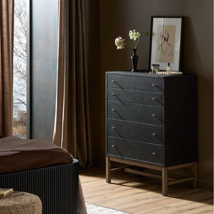 Bari 34" Tall Dresser - Black Raffia + Mahogany