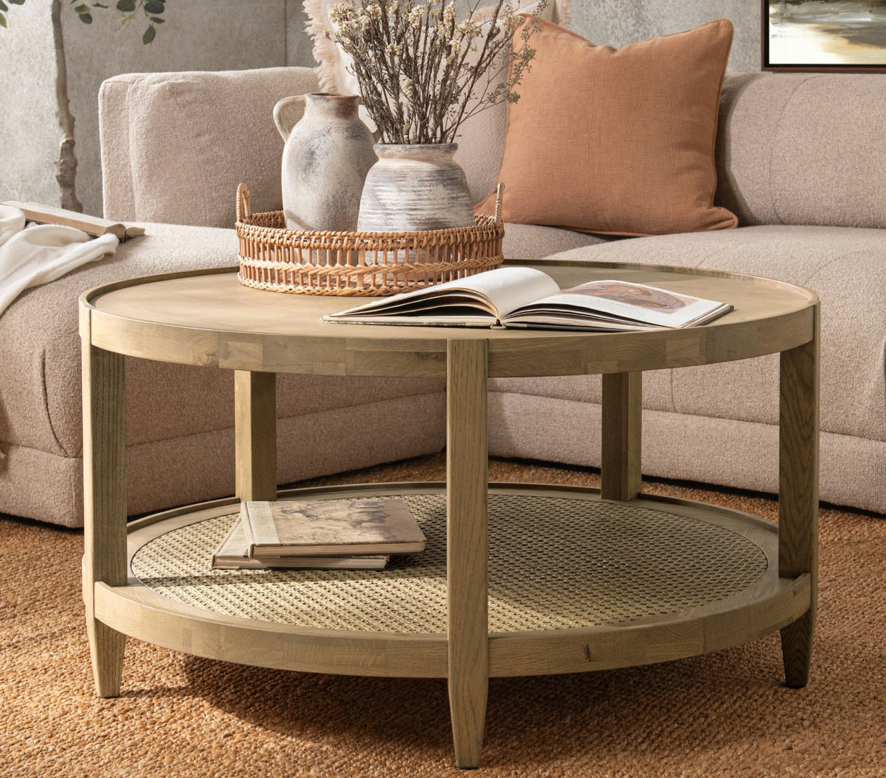 Dabney 37" Round Coffee Table - Oak + Cane