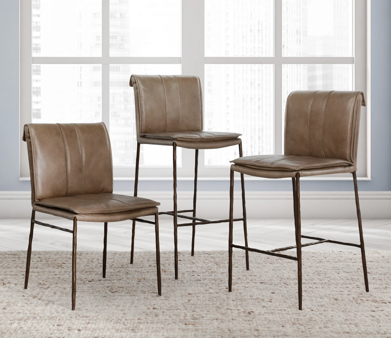 Wesley Top Grain Leather + Hammered Iron Dining Chair - Saddle + Brass
