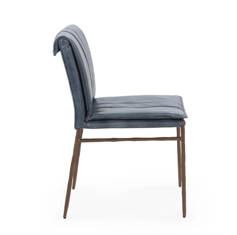Wesley Top Grain Leather + Hammered Iron Dining Chair - Ocean Blue