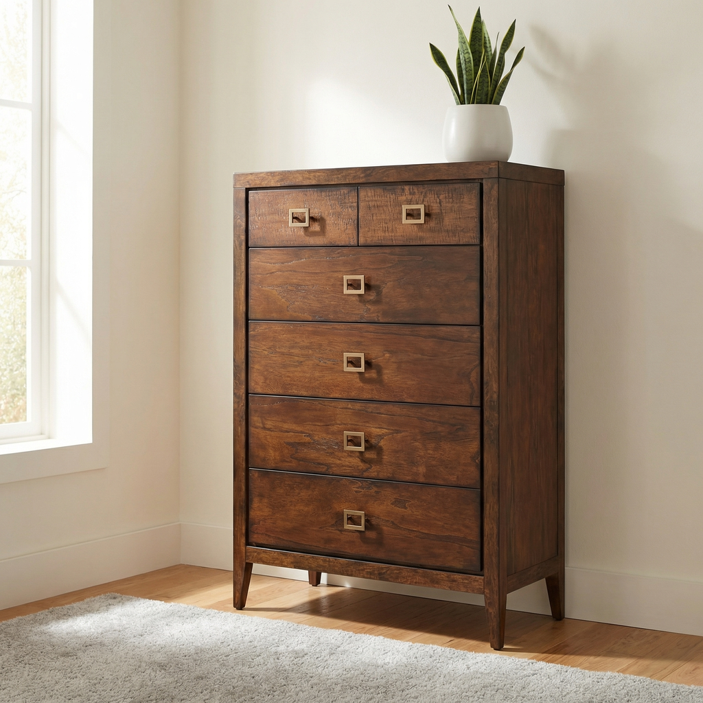 Sussex 40" 6 Drawer Chest - Antique Brown + Brass