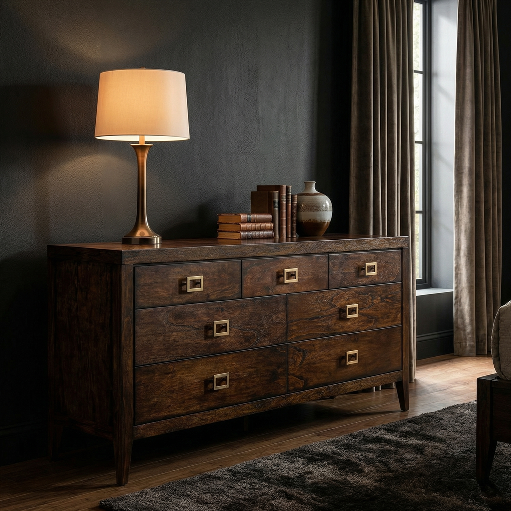 Sussex 72" 7 Drawer Dresser - Antique Brown + Brass