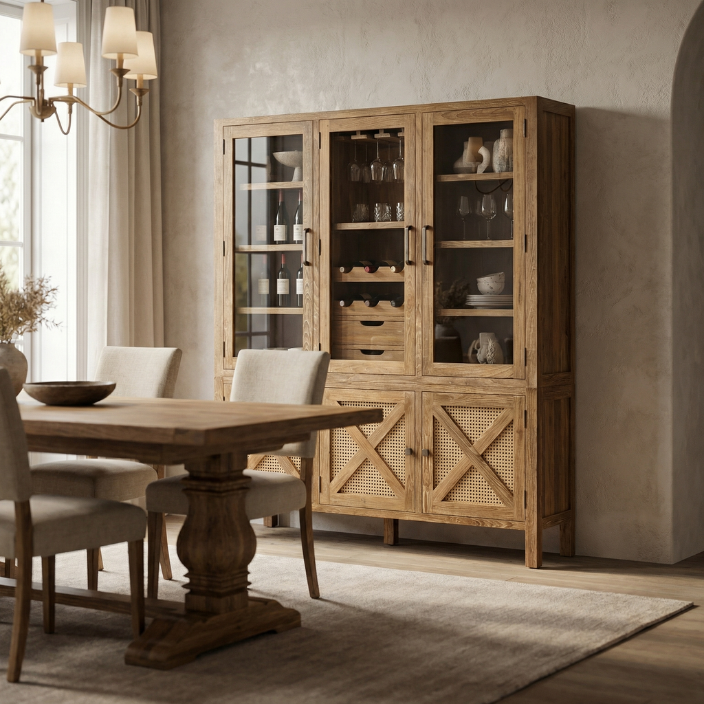 Sylvan 60" Teak & Rattan Wine Cabinet - Straw Wash