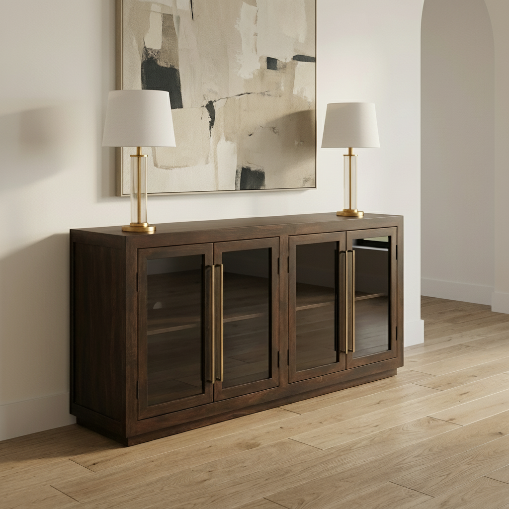 Tristan 72" 4 Door Glass Front Sideboard - Natural + Black