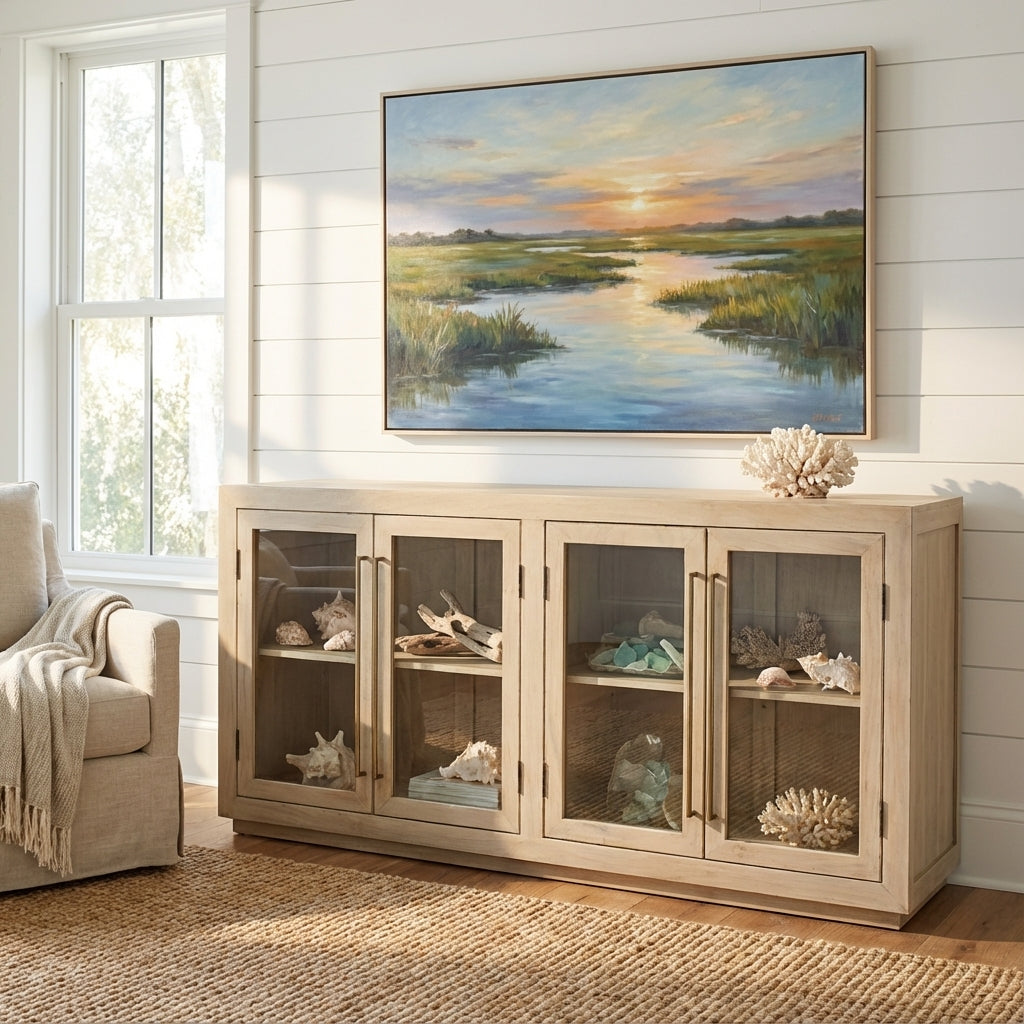 Tristan 72" 4 Door Glass Front Sideboard - New White Wash