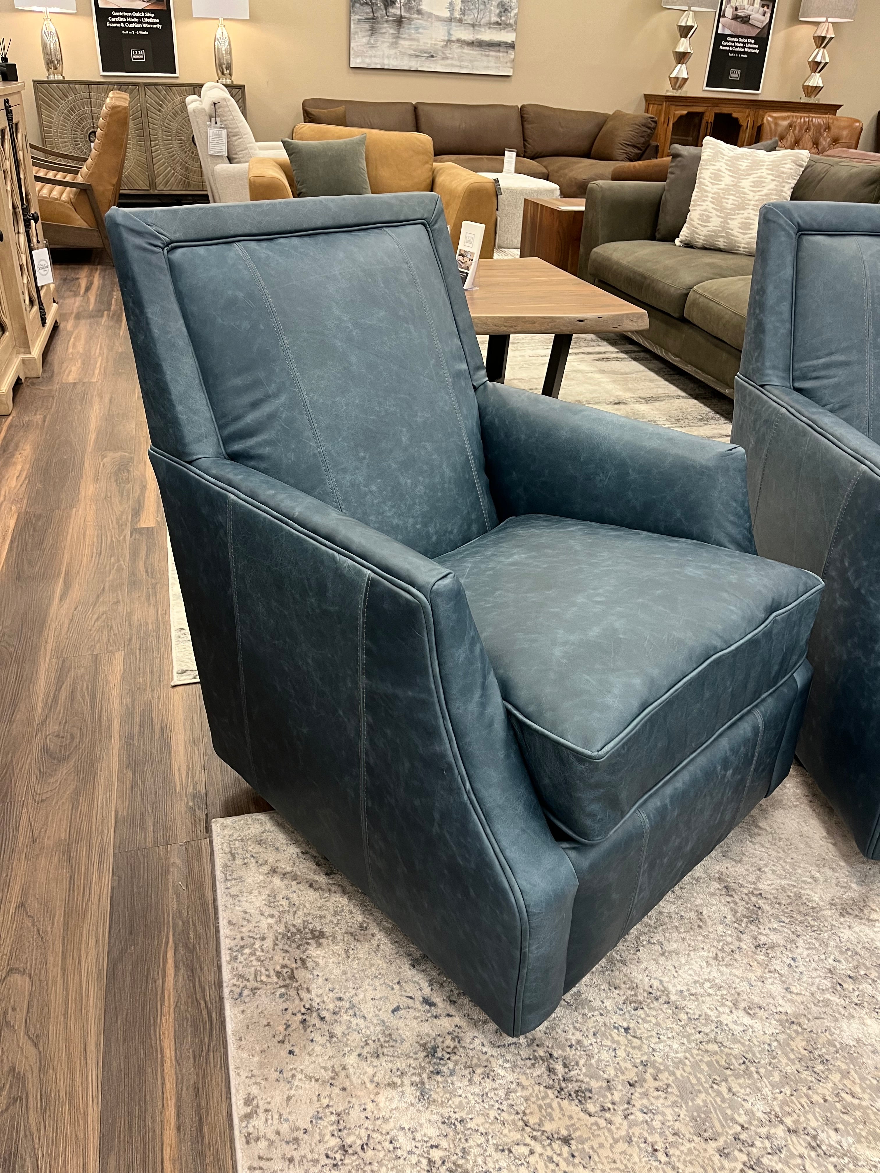 Davenport 35" Slope Arm Top Grain Leather Swivel Glider - Vachetta Cambridge Blue