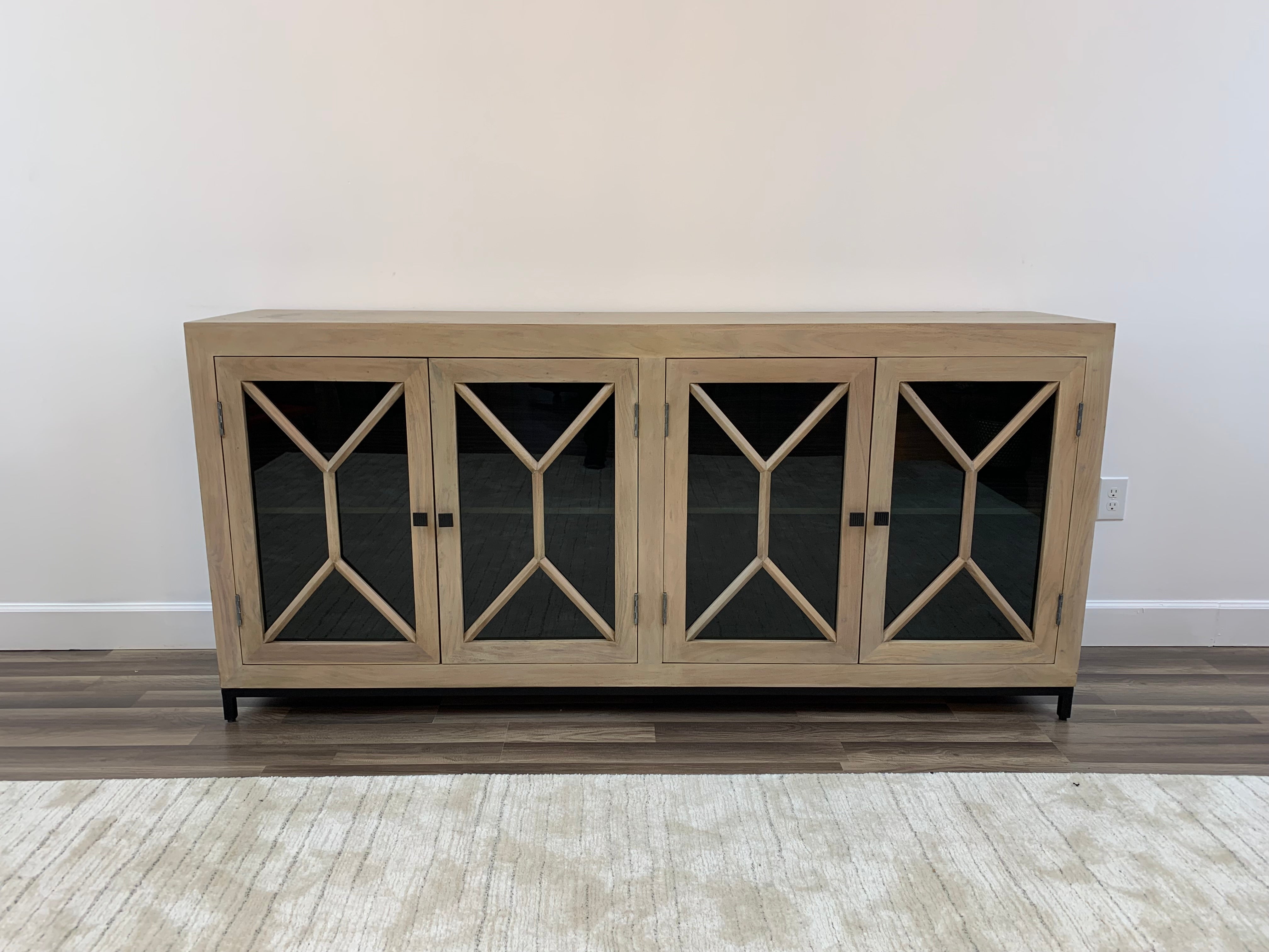 Candace 82" Smoked Glass 4 Door Sideboard - New White Wash