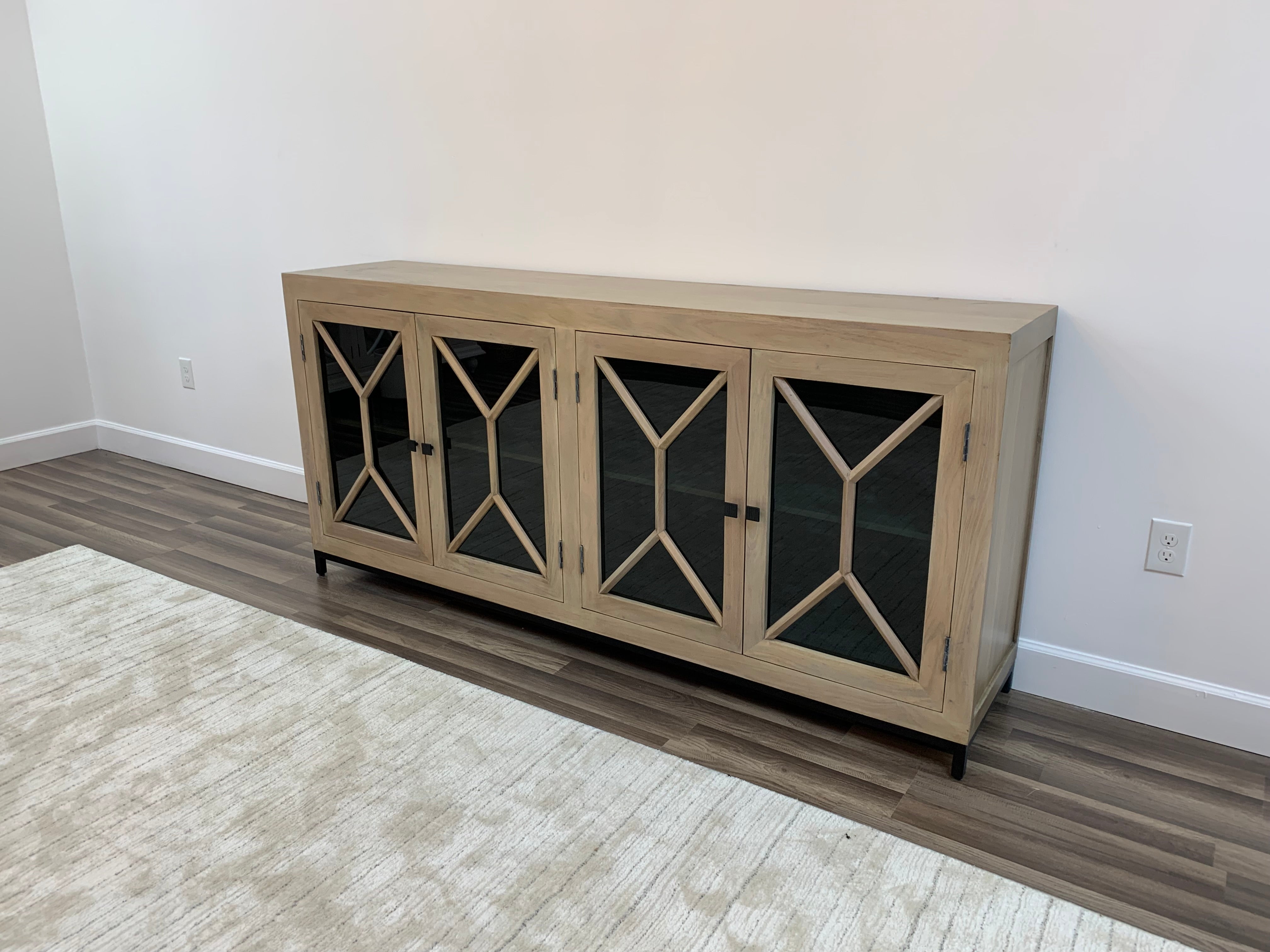 Candace 82" Smoked Glass 4 Door Sideboard - New White Wash