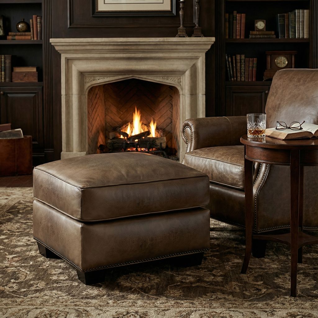 Wallace 30" Top Grain Leather Ottoman - Diva Taupe