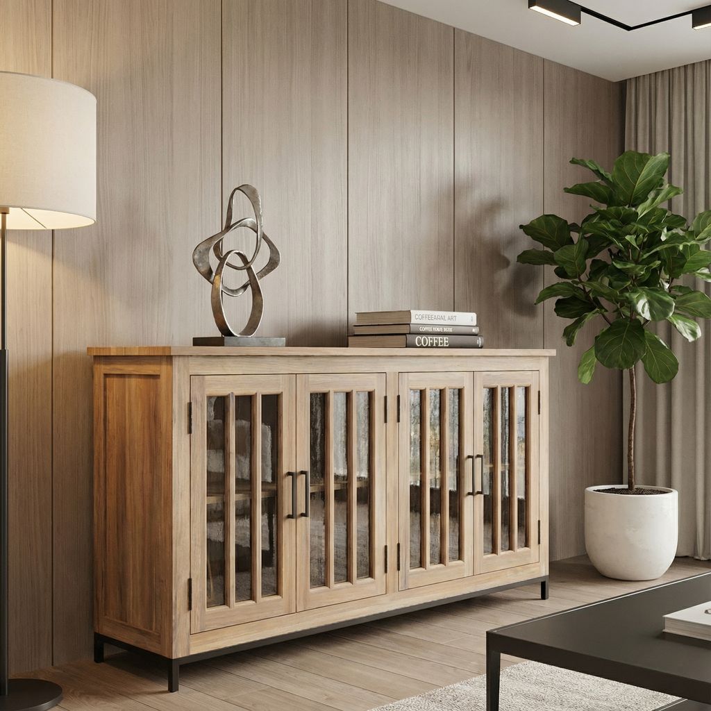 Walter 72" 4 Door Glass Front Sideboard - Natural + Gray