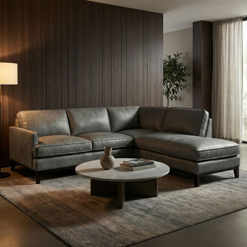 Willis 119” x 94” Top Grain Leather Sofa + Bumper Chaise - Pewter