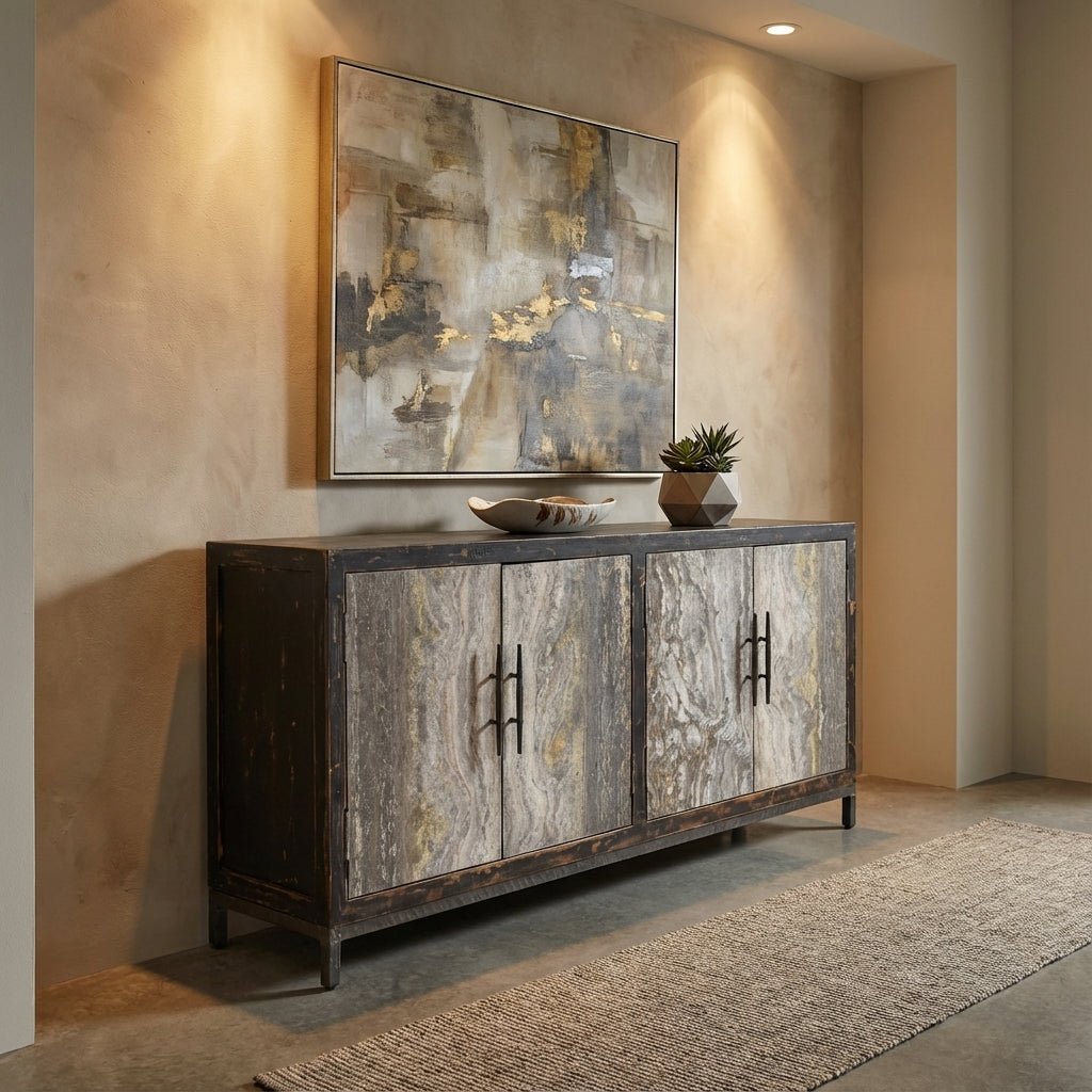 Drake 76" Reclaimed Pine + Travertine 4 Door Sideboard