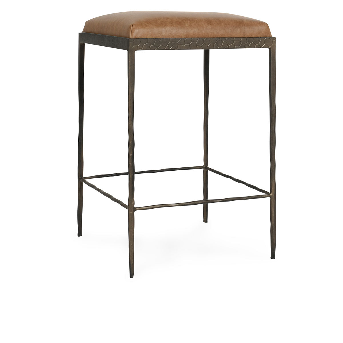 Bodica Top Grain Leather & Hammered Iron Counter Stool - Saddle + Dark Bronze