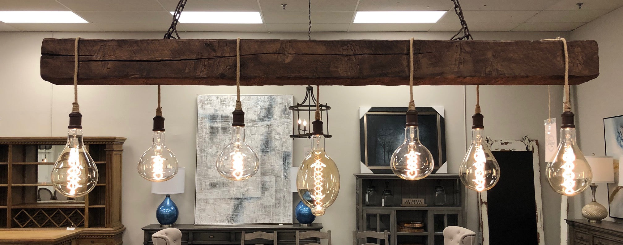 Cumberland Gap 72" Hand Hewn Beam w/ 7 Bulb Chandelier - Brown w/Tan Cord - Classic Carolina Home