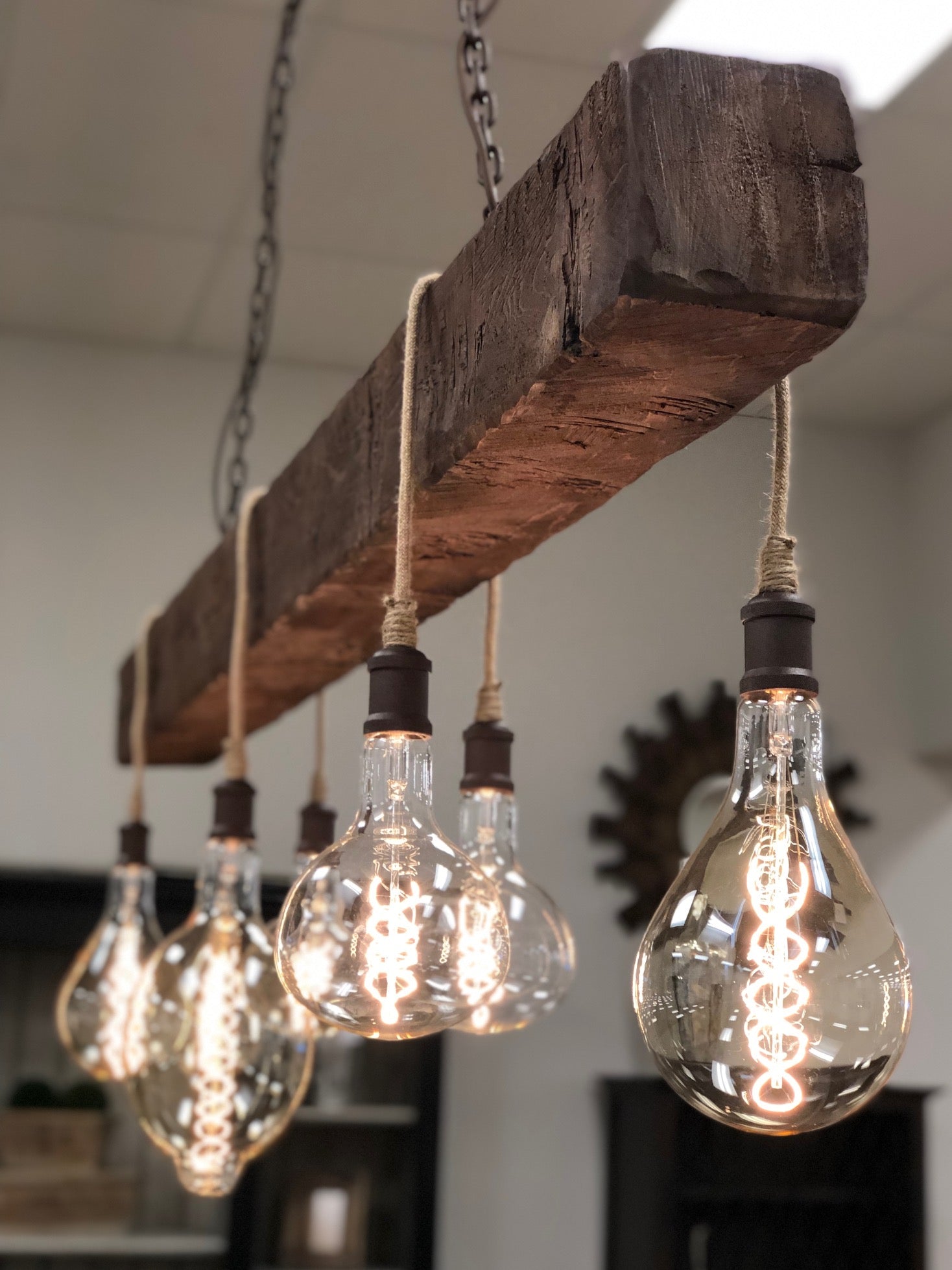 Cumberland Gap 84" Hand Hewn Beam w/ 7 Bulb Chandelier - Brown w/Tan Cord - Classic Carolina Home