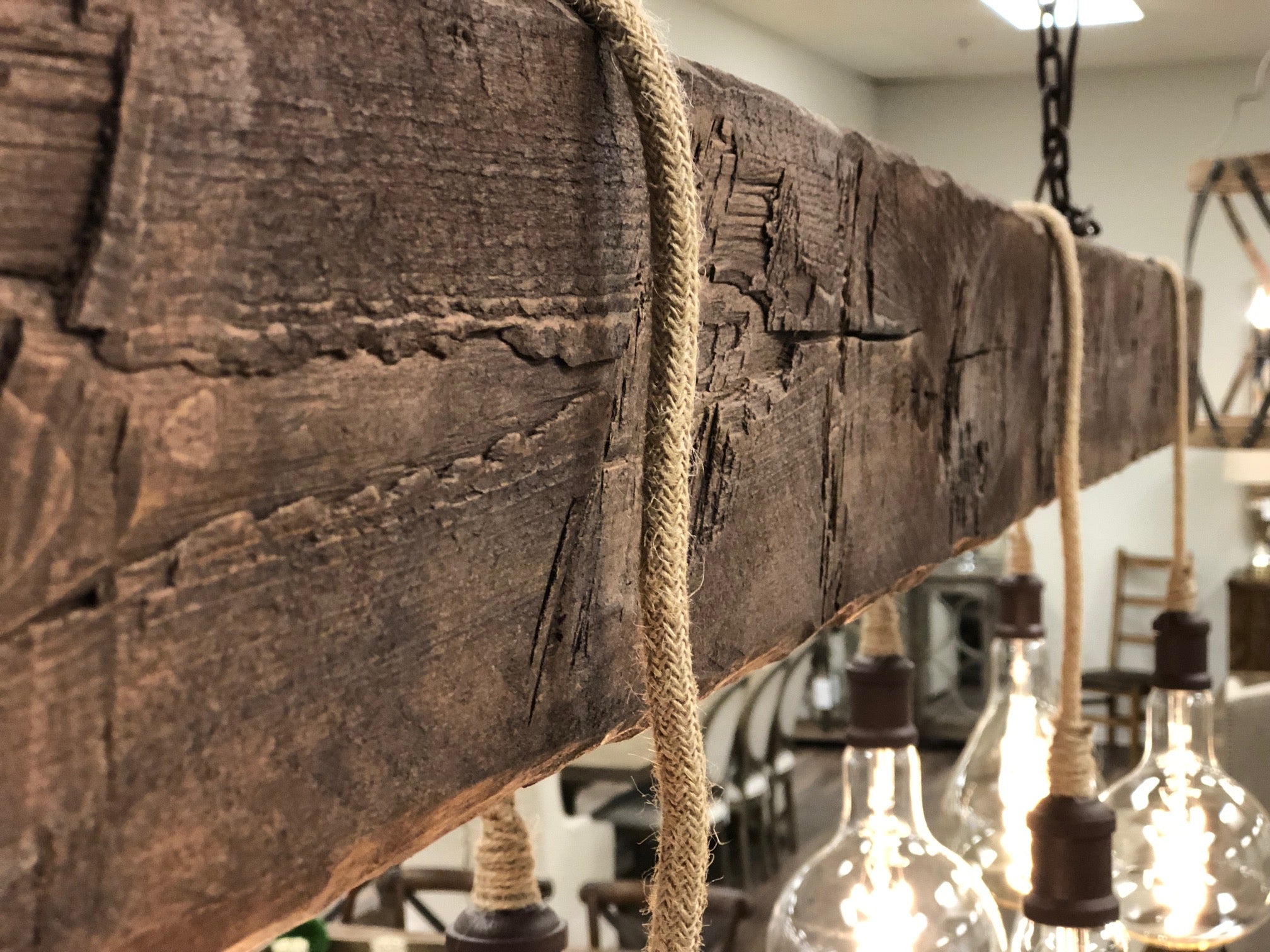Cumberland Gap 72" Hand Hewn Beam w/ 7 Bulb Chandelier - Brown w/Tan Cord - Classic Carolina Home