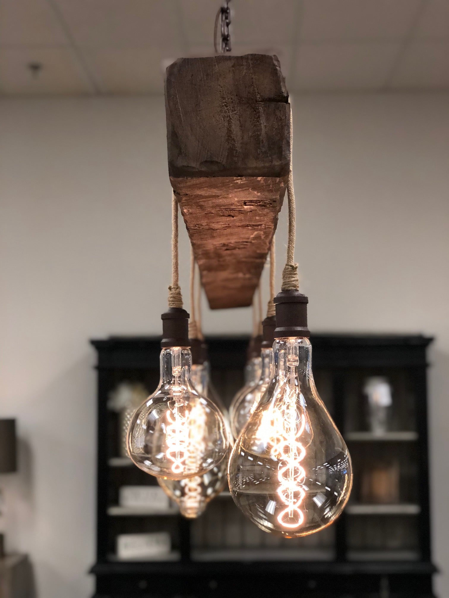 Cumberland Gap 72" Hand Hewn Beam w/ 7 Bulb Chandelier - Brown w/Tan Cord - Classic Carolina Home