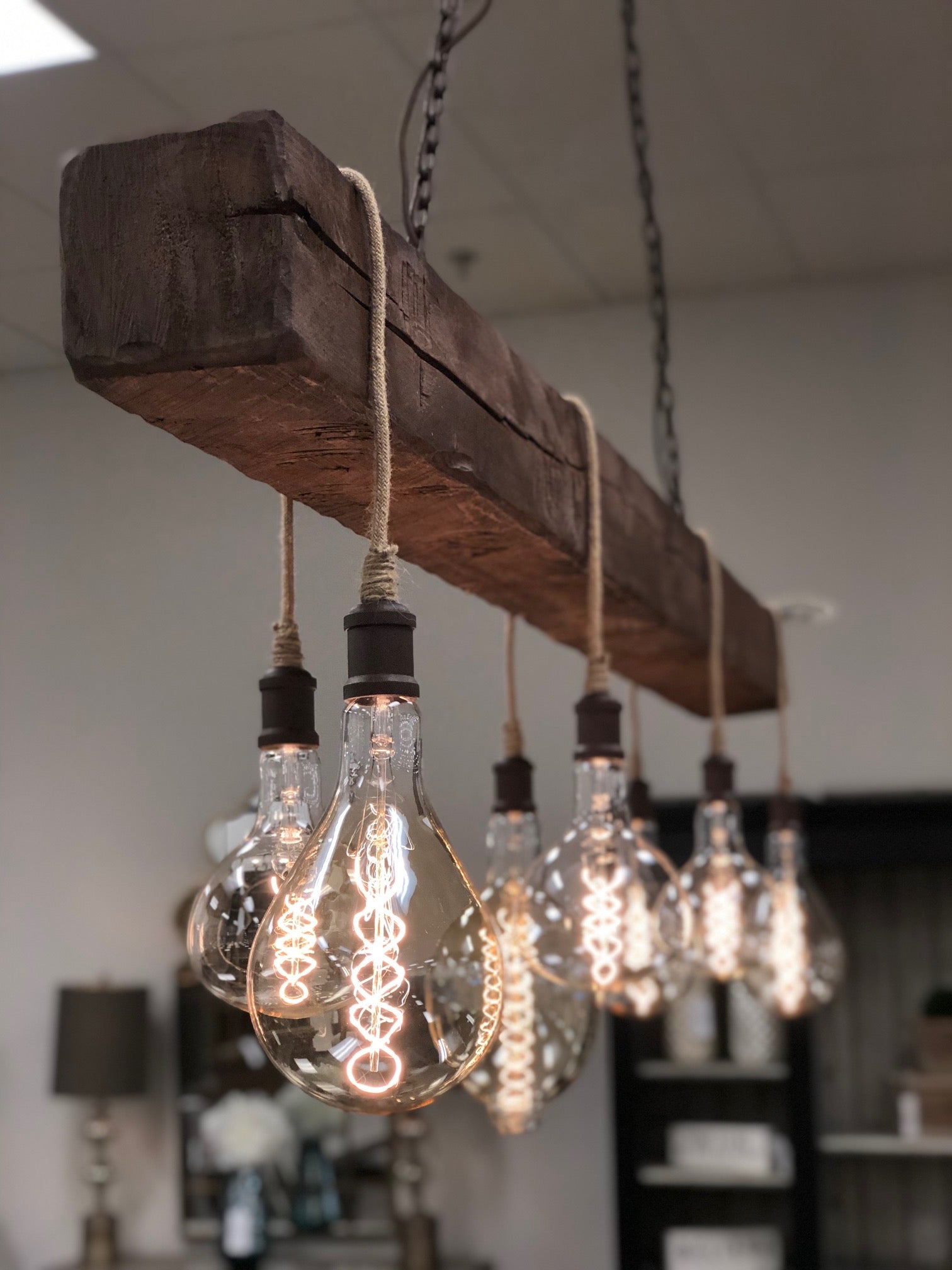 Cumberland Gap 72" Hand Hewn Beam w/ 7 Bulb Chandelier - Brown w/Tan Cord - Classic Carolina Home