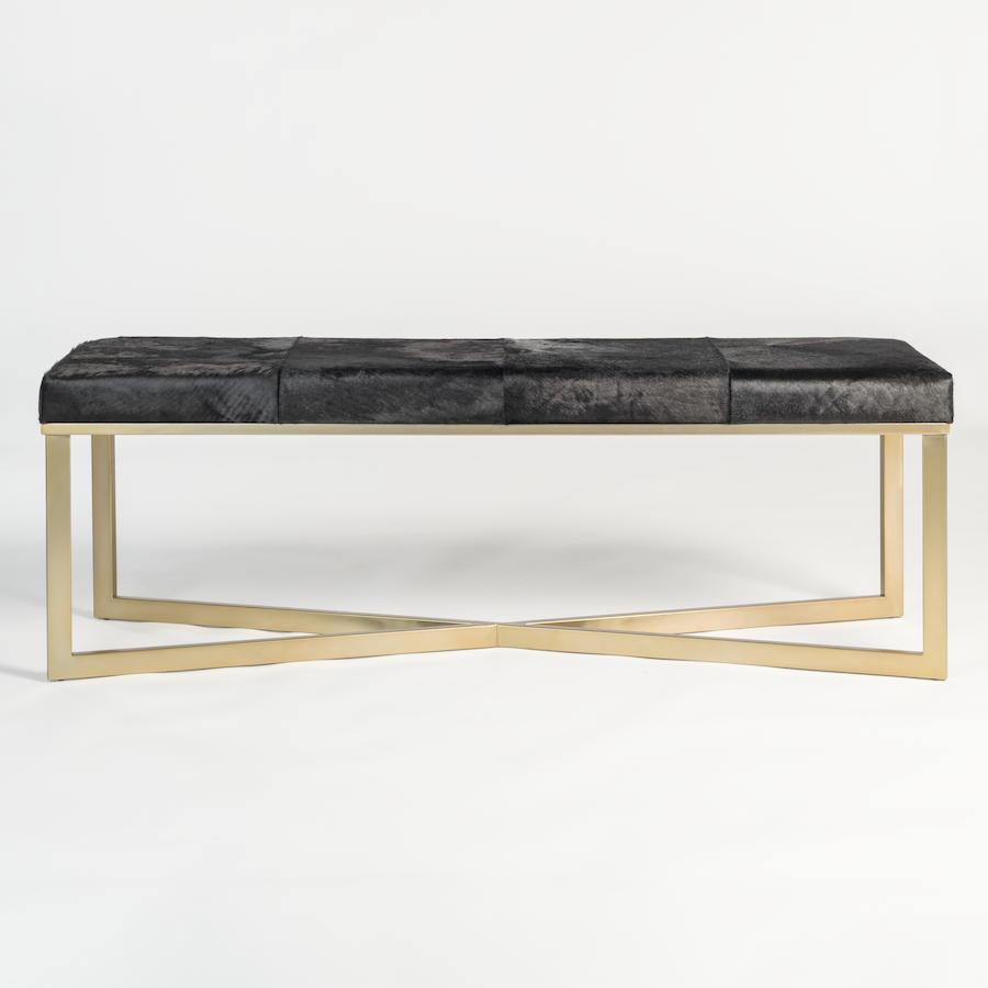 Palm Springs 60" Top Grain Cowhide Bench - Ebony + Brass - Classic Carolina Home