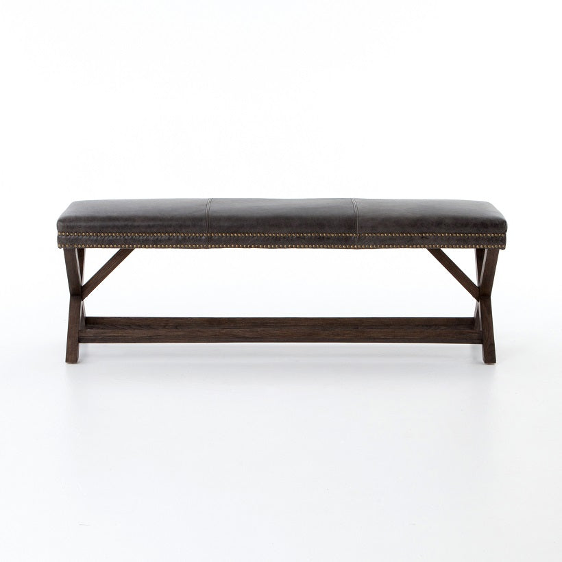 Elise 59" Wood + Leather Bench - Smoke - Classic Carolina Home