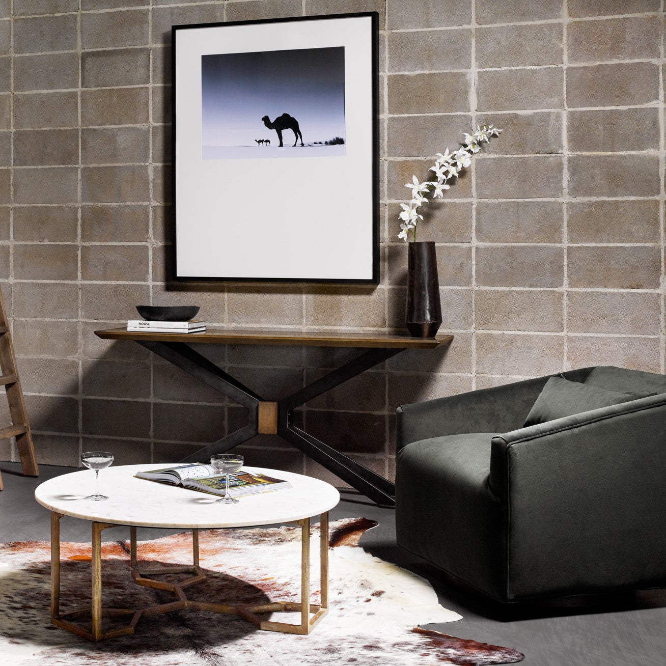 Spenzia 65" Oak + Iron Console Table - Brass - Classic Carolina Home