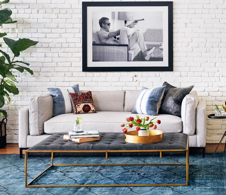 Wembley 63" Top Grain Leather + Brass Coffee Table - Ebony - Classic Carolina Home