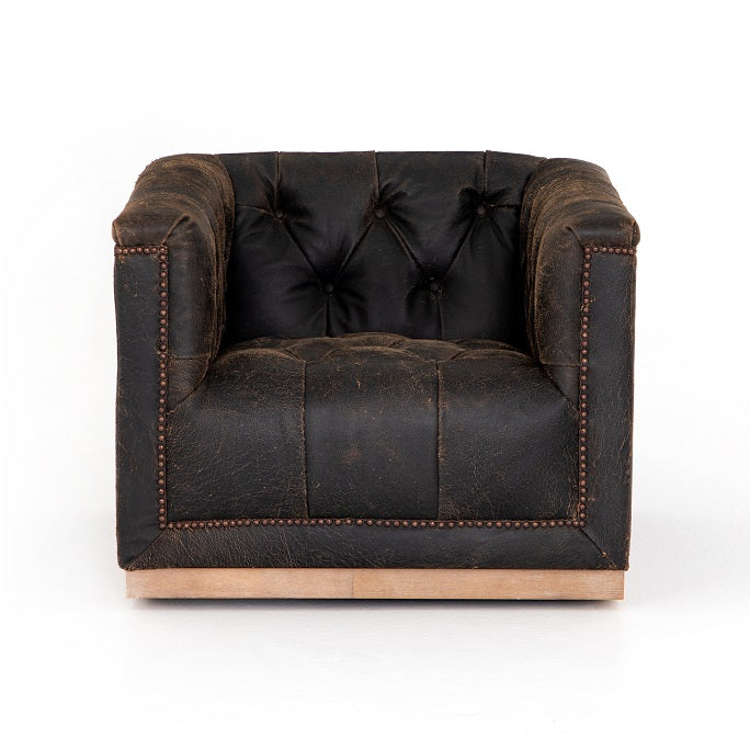 Maxine 34" Top Grain Leather Swivel Chair - Distressed Black - Classic Carolina Home